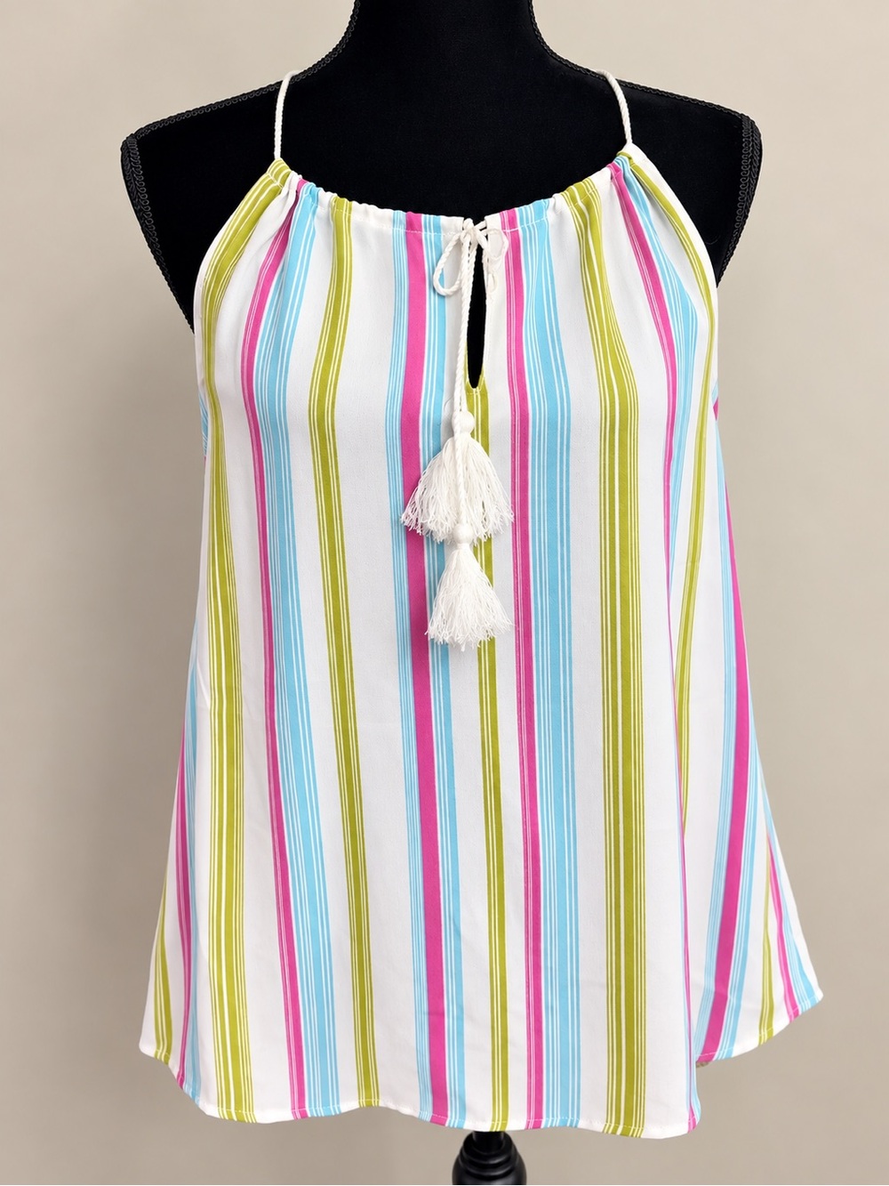 Striped Tassel Spaghetti Strap Tank Top - White/Multi